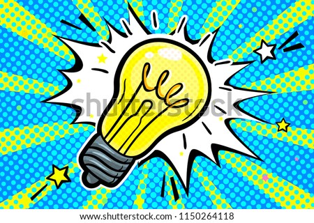 Concept of Idea. Light bulb in pop art style on blue background. Vector illustration.