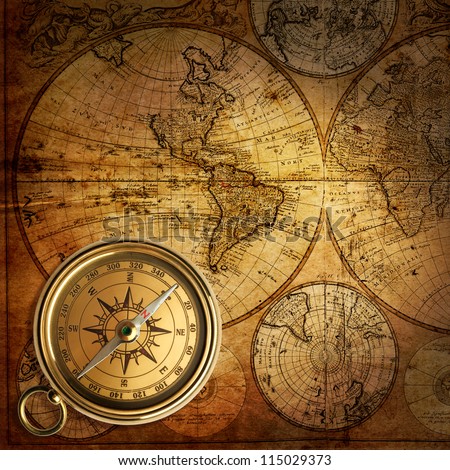 old compass on vintage map 1746 Royalty-Free Stock Photo #115029373