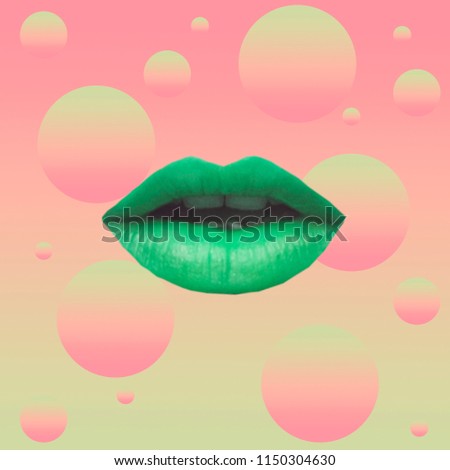 Green lips.  Contemporary art collage. Concept of memphis style posters. Abstract surrealism and minimalism