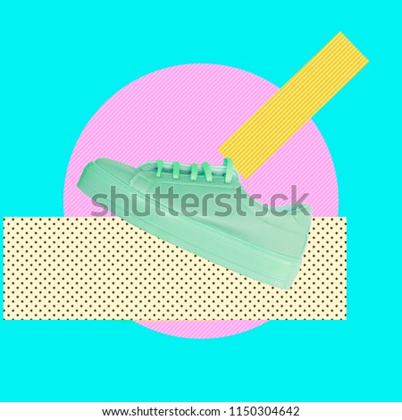 Turquoise sneaker on a pink circle and traces of paint.  Contemporary art collage. Concept of memphis style posters. Abstract surrealism and minimalism 