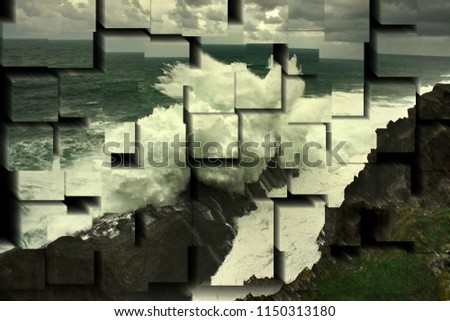 tribute to Picasso, cubist photograph of the giant wave breaking against the cliff in the Cabo de A Frouxeira, A Coruña, Spain,series of photographs with cubist effects,artistic photography, 