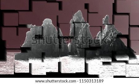 tribute to Picasso, cubist photograph of the Los Aguillos, Cliffs Cabo Ortegal, A Coruña, Spain, series of photographs with cubist effects,artistic photography, contemporary art, Royalty-Free Stock Photo #1150313189