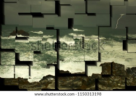tribute to Picasso, cubist photograph of the storm at sea with ray, waves crashing against the coast, Galicia, Spain, series of photographs with cubist effects,artistic photography, contemporary art, Royalty-Free Stock Photo #1150313198