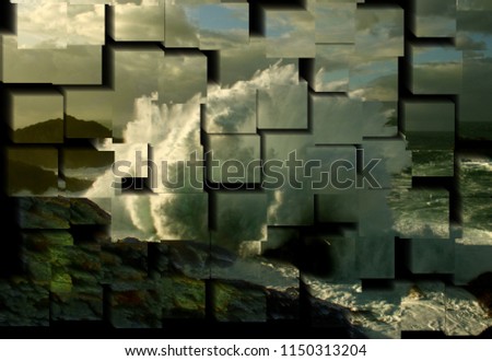 tribute to Picasso, cubist photograph of the giant waves breaking against the cliff at the Cabo de A Frouxeira, A Coruña, Spain, series of photographs with cubist effects,artistic photography, 