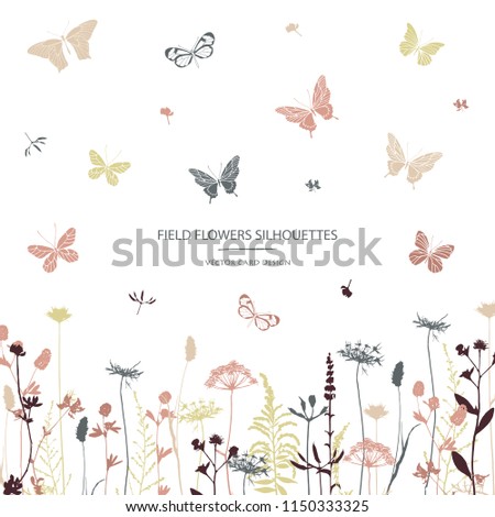 Vector silhouettes collection. Set of field flowers, herbs and butterflies. Card design. Label design.