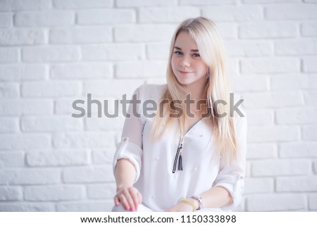 happy joy blond portrait / funny young adult model girl, concept of happiness and pleasure