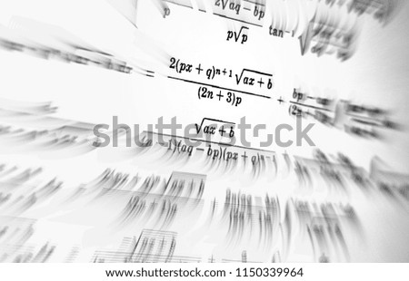Large number of mathematical formulas focus zoom on a white background