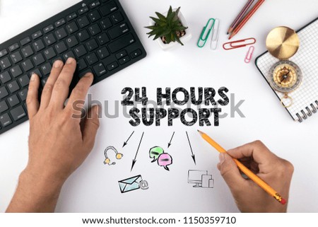 24 Hours Support concept. Chart with icons on white desk with stationery