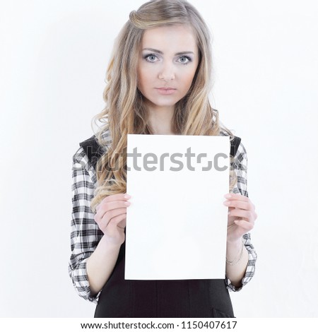 young business woman showing exclamation mark.isolated on white