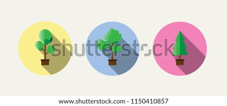 Tree icons, cartoons, circular leaves, wavy leaves , Christmas wood ,
 In a brown pot with a circular yellow, blue and pink background.