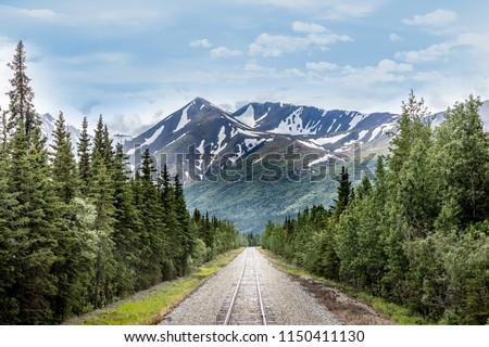 Mountain range and railroad track in Denali National Park Alaska Royalty-Free Stock Photo #1150411130