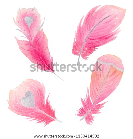 Set of hand painted watercolor feathers.  Isolated clipart for wedding, invitations, blogs, template card, birthday, baby cards, greeting, logos, bridal card. Watercolor arrangements for your design