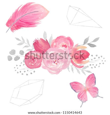 Set of watercolor floral composition with flowers, leaves, butterfly, feather and polygonal frames. Perfect for wedding, invitations, blogs, template card.