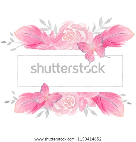 Watercolor pink floral illustration. Pre-made frame border with roses, butterflies, and feathers. Perfect for wedding invitation, quotes, birthday and greeting cards, print, blogs, bridal cards.