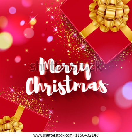 Merry Christmas greeting colorful vector illustration. Vintage classic 3D letters calligraphy and gift box with golden ribbon poster card banner design. New year background - golden glow stars bokeh.