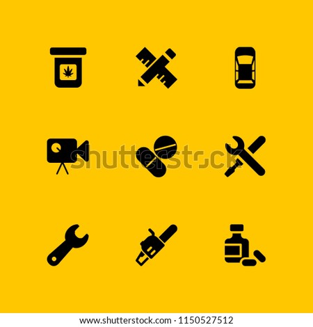 9 industry icons in vector set. chainsaw, video camera, wrench and drug illustration for web and graphic design