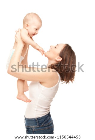 Picture of happy mother with adorable cute baby isolated on white