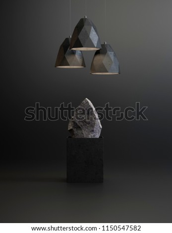 Studio composition of home decor items, consisting of a lamp or lamps and a stone sculpture on a pedestal on a black background, 3D rendering