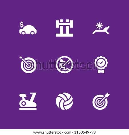 9 sport icons in vector set. volleyball, goal, swimming pool and car illustration for web and graphic design