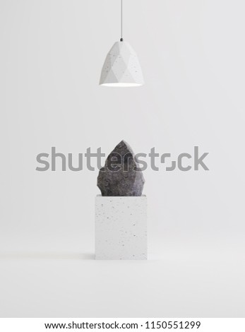 Studio composition of home decor items, consisting of a lamp or lamps and a stone sculpture on a pedestal on a white background, 3D rendering