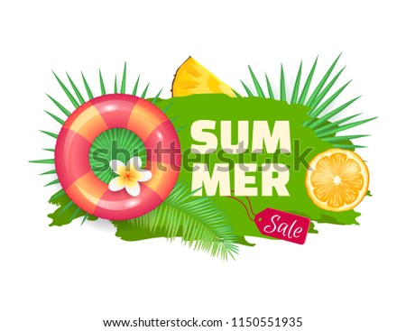 Summer summertime sale isolated banner vector. Seasonal promotion, for clients. Lifebuoy and orange slice, vacational proposition, pineapple fruit