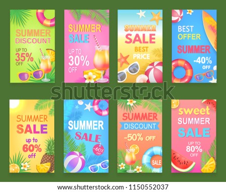 Summer sale seasonal offer vector, posters set. Promotion and selling out, big discount on fruits, cocktails and rubber lifebuoy and volleyball balls
