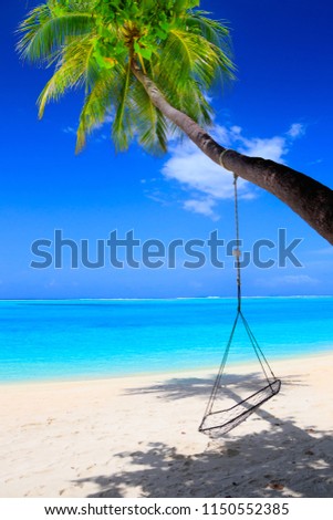 Dream beach with palm trees and swing on white sand and turquoise ocean