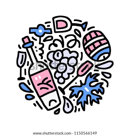 Hand drawn illustration with symbols of wine made in doodle style. Round concept vector drawing for wine tasting event