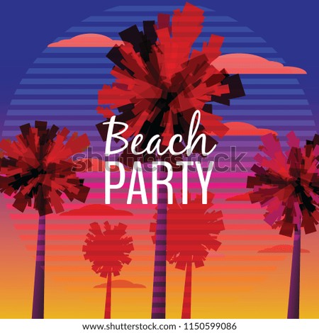 Beach Party Flyer, Baner, Invitation Design with typographic design on nature background with palm trees. Sunset ocean, sea. Vector, Eps10 illustration.