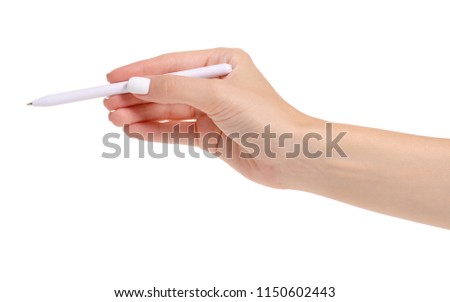White pen in hand on white background isolation