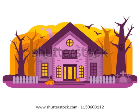 Halloween haunted house.Old cemetery gravestone.Spooks and pumpkin,bat.Horror story.Night banner.Festive banner for All Saints Day.Happy halloween.