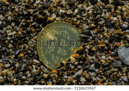 Crypto currency Gold Bitcoin, BTC, macro shot of Bitcoin coins on beach background,  bitcoin mining concept