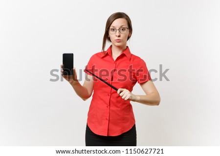 Portrait of business teacher woman in red shirt hold tablet pc computer with blank black empty screen to copy space isolated on white background. Education teaching in high school university concept