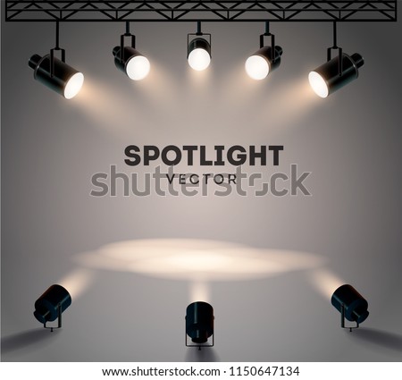 Spotlights with bright white light shining stage vector set. Illuminated effect form projector, illustration of projector for studio illumination eps 10 Royalty-Free Stock Photo #1150647134