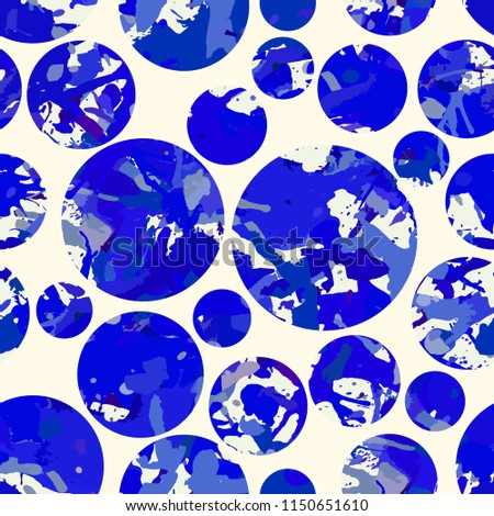 Funky blue splatter paint seamless pattern, abstract vector background. Colorful design wallpaper for textile, fabric, wrapping paper. White circles overlay.