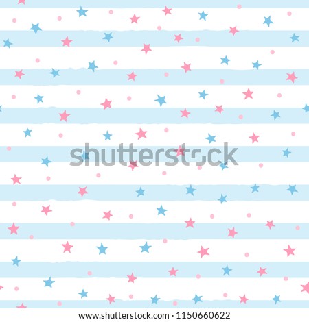 Repeated scattered stars and round dots on uneven striped background. Cute seamless pattern for girls. Endless girly print. Vector illustration.
