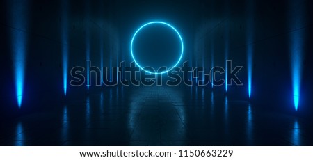 Empty Dark Futuristic Sci Fi Big Hall Room With Lights And Circle Shaped Neon Light On  Refelction Surface 3D Rendering Illustration