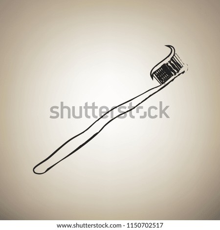 Toothbrush with applied toothpaste portion. Vector. Brush drawed black icon at light brown background.