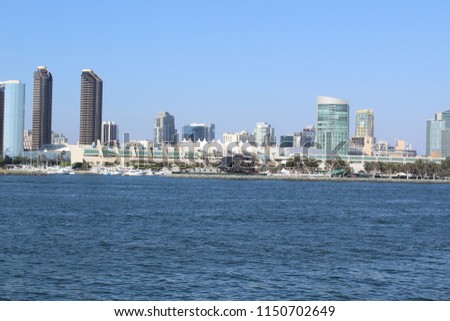 San Diego convention center and the San Diego skyline. Taken from the Coronado bay.