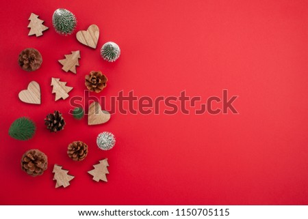 Festive christmas mockup over the red  background with copy space for text and xmas decoration