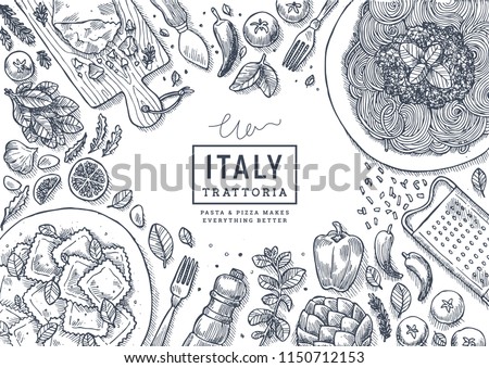 Italian food top view illustration. Spagetti and ravioli table background. Engraved style illustration. Hero image. Vector illustration