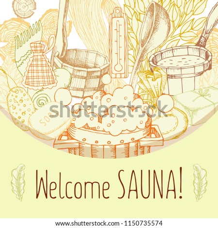 Set of Bath Accessories. Banner design template with drawings for bath and sauna. Bath accessories to decorate leaflets. Buckets, brooms, Soaps for relaxing in the sauna. Square poster. Vector. The