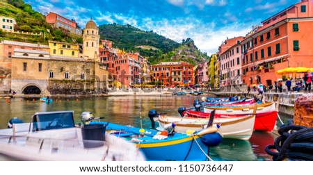 View of Vernazza village, Cinque Terre, Italy. View from the pier to the village Royalty-Free Stock Photo #1150736447