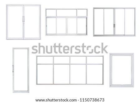 Real modern windows set isolated on white background, various office frontstore frames collection for design, exterior building aluminium facade element  Royalty-Free Stock Photo #1150738673