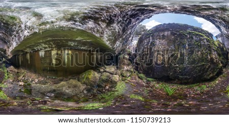 Full seamless 360 degrees angle view panorama inside of ruined abandoned military fortress of the First World War in equirectangular spherical projection. Ready for VR AR content