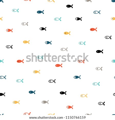 Small Fishes Seamless Pattern. Background for Kids with Hand drawn Doodle Cute Fish. Cartoon Sea Animals Vector illustration in Scandinavian style