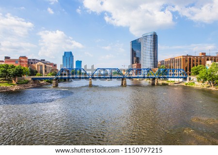 Downtown Grand Rapids Michigan view from the Grand River Royalty-Free Stock Photo #1150797215