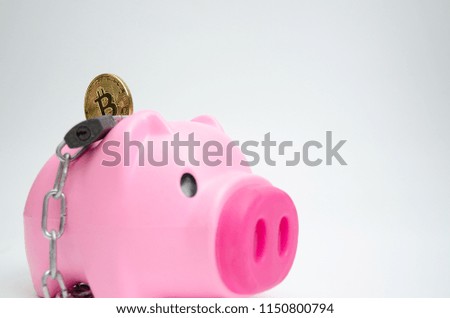 Piggy Bank Pink and cyber coins and banknotes on white.Save and make a better lifestyle​ concept.Do not focus on objects.