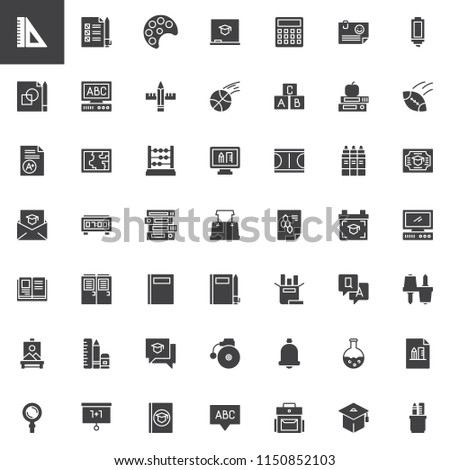 Back to school vector icons set, modern solid symbol collection, filled style pictogram pack. Signs, logo illustration. Set includes icons as  Ruler, Testing, Art, Chalkboard, Calculator, Computer