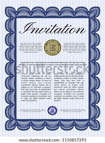 Blue Formal invitation. Detailed. Complex background. Money Pattern. 
